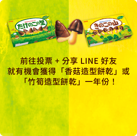前往投票並分享 LINE 好友，就有機會獲得香菇造型餅乾或竹筍造型餅乾一年份
